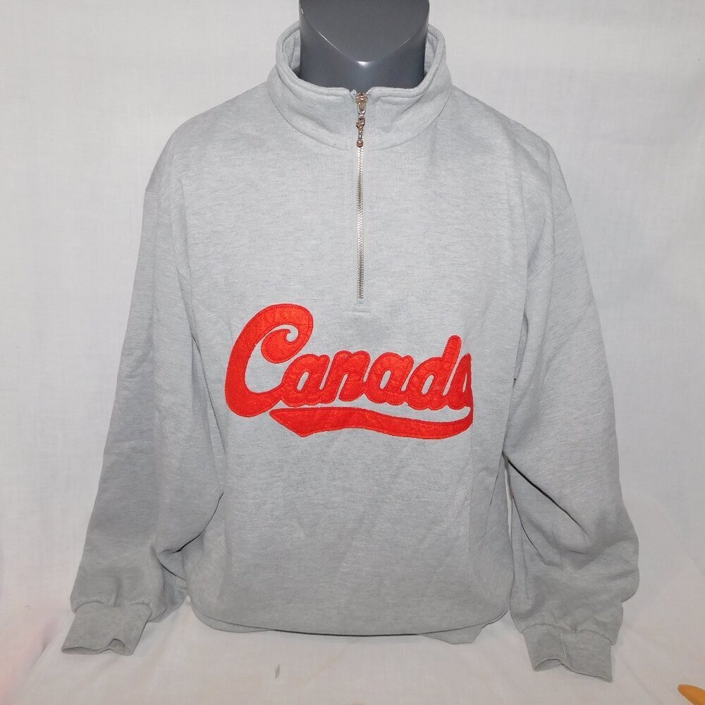 VTG Canada Spellout Flag Sweatshirt Misty Mountain 1/4 Zip Gray Red Mens XL